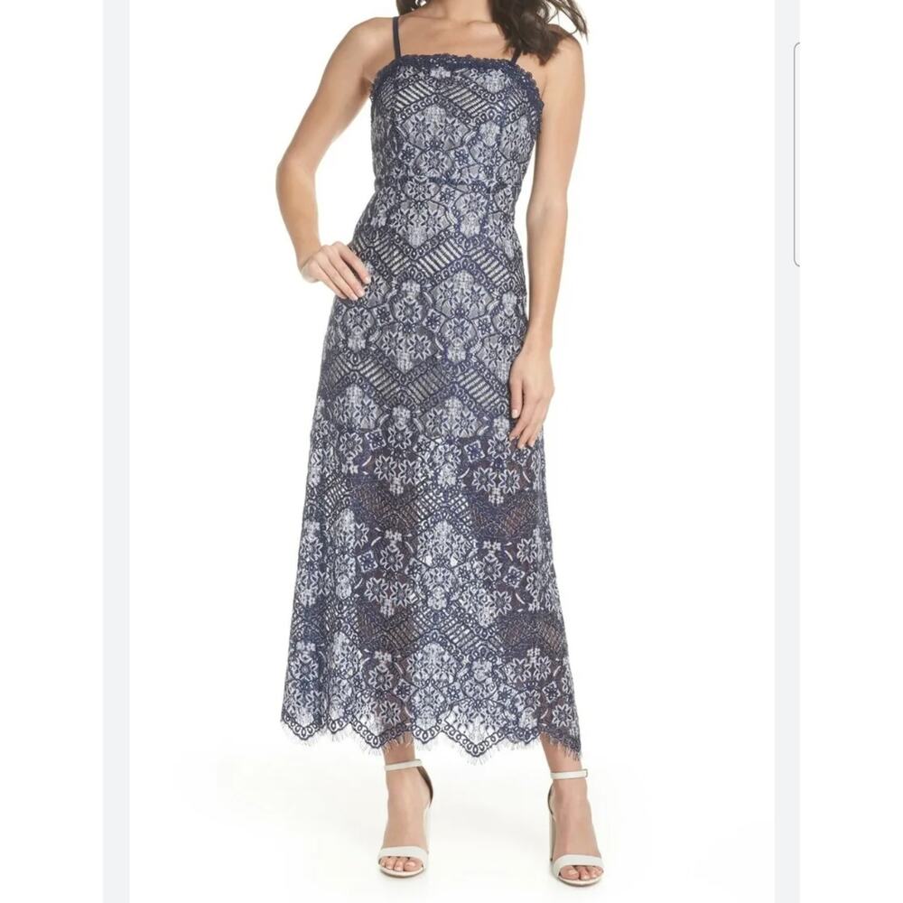 Foxiedox Daleyza Open Back Lace Navy Blue Midi Dress Medium